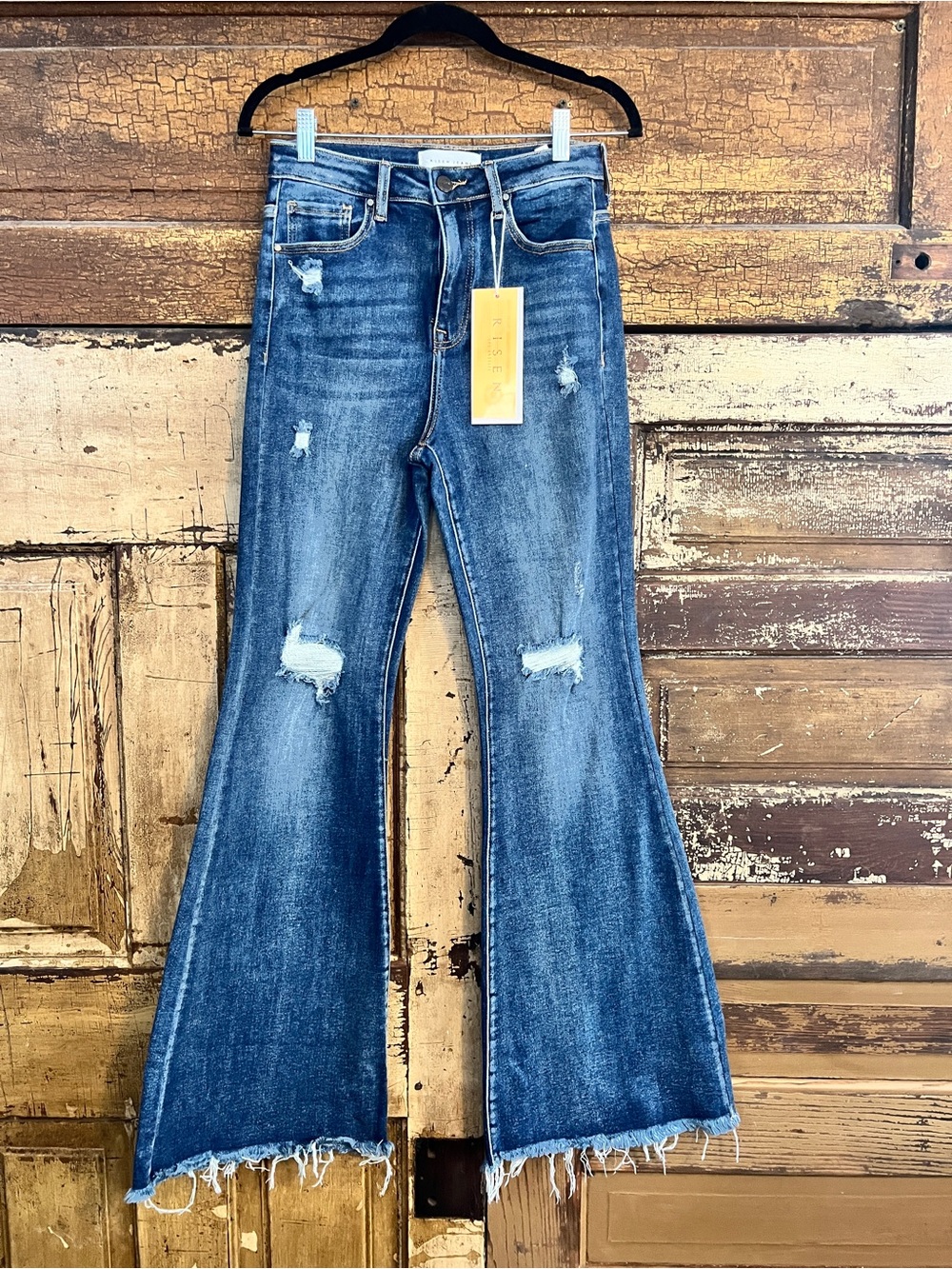 NWT Risen Dark Wash Bell Bottom Jeans | High Rise Flare Denim | Raw Hem Jeans